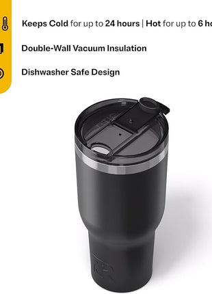 RTIC 40oz Essential Tumbler with Lid, Ceramic Lined, Insulated, Stainless Steel, Metal, Double Wall Vacuum-Insulation, Travel Cup for Iced Coffee, Tea, Hot and Cold Drink, Black