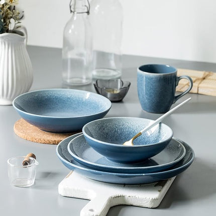 FAIT Round Stoneware 16pc Dinnerware Set for 4, Dinner Plates, Side Plates, Cereal Bowls, Mugs - Reactive Glaze Blue (463014)