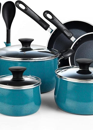 Cook N Home Pots and Pans Nonstick Cookware Set 10-Piece, Belly Shape Kitchen Cooking Set with Frying Pans and Saucepans, Induction Compatible, Turquoise