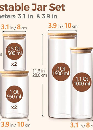 ComSaf Glass Food Storage Jars Set of 6, Clear Glass Storage Containers with Lids, Canisters Sets for the kitchen, Spaghetti, Pasta, Flour, Nuts, Oat, Coffee and Sugar Container, Pantry Organization