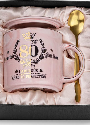 80th Birthday Gifts for Women, 14oz Pink Coffee Mug with Gold Pattern, Best Gifts for 80 Year Old Grandma, Mom, Sister, Friend, Fabulous 80 Limited Edition, 1943 Birthday Gifts for Women.