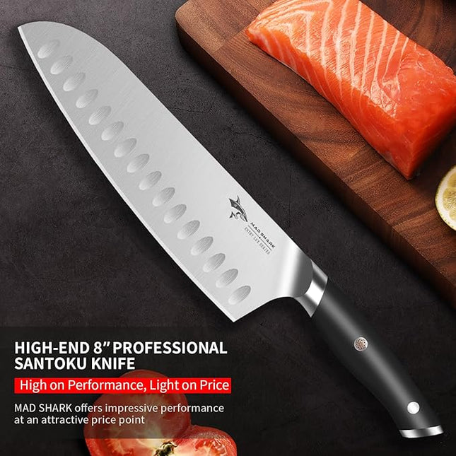 MAD SHARK Kitchen Knife, Professional 8-inch Santoku Knife, Made of German High Carbon Stainless Steel, Non-stick Ultra Sharp Kitchen Knife with Ergonomic Handle, Gift Box