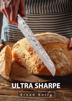 MOSFiATA Bread Knife 8” Ultra Sharp Serrated Knife, German High Carbon Stainless Steel EN1.4116 Bread Slicer with Bread Lame, Micarta Handle, For Bread, Cake, Bagels