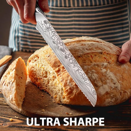 MOSFiATA Bread Knife 8” Ultra Sharp Serrated Knife, German High Carbon Stainless Steel EN1.4116 Bread Slicer with Bread Lame, Micarta Handle, For Bread, Cake, Bagels