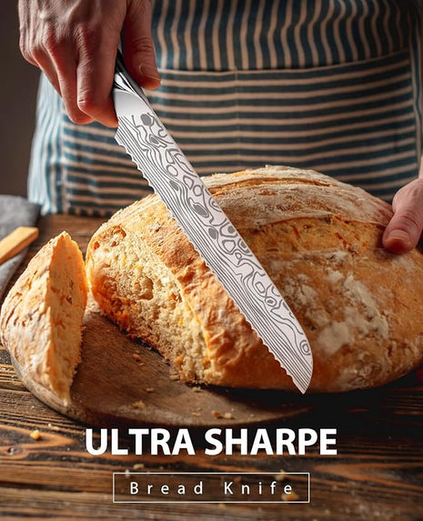 MOSFiATA Bread Knife 8” Ultra Sharp Serrated Knife, German High Carbon Stainless Steel EN1.4116 Bread Slicer with Bread Lame, Micarta Handle, For Bread, Cake, Bagels