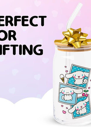Silver Buffalo Sanrio Hello Kitty and Friends Cinnamoroll Polaroids Glass Jar Tumbler with Bamboo Lid and Glass Straw, 16 Ounces