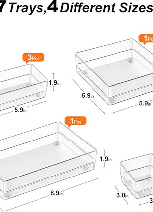 SMARTAKE 7-Piece Drawer Organizer with Non-Slip Silicone Pads, 4-Size Desk Drawer Organizer Trays Storage Tray for Makeup, Jewelries, Utensils in Bedroom Dresser, Office and Kitchen (Clear)