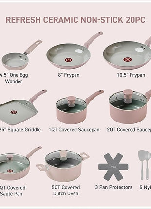 T-Fal Refresh Ceramic Pots and Pans Set, Nonstick Cookware, 20-Piece, Oven Safe to 350°F, Ceramic Cookware Set, Stockpot, Griddle, Frying Pans, Utensils, Dusty Rose