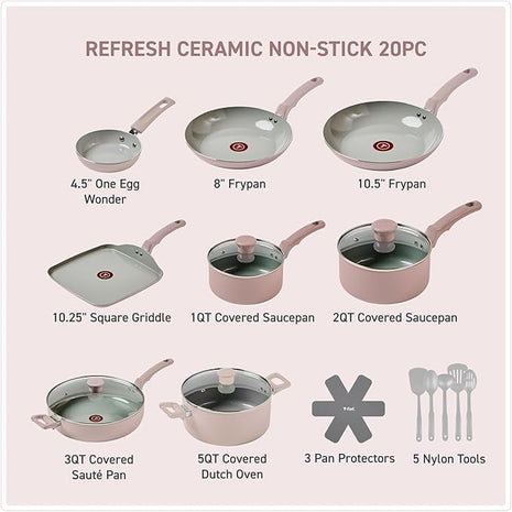T-Fal Refresh Ceramic Pots and Pans Set, Nonstick Cookware, 20-Piece, Oven Safe to 350°F, Ceramic Cookware Set, Stockpot, Griddle, Frying Pans, Utensils, Dusty Rose