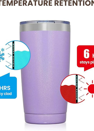 MEWAY 20oz Tumbler 8 Pack Double Wall Vacuum Insulated Travel Glitter Mug Bulk, Stainless Steel Tumblers with Lid and Straw, Powder Coated Coffee Cups for Woman(Rainbow Purple,Set of 8)