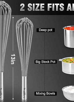 Walfos Whisks Large Whisk Set of 2, Heavy Duty Stainless Steel Wire Whisk Ideal For Beating Eggs, Mixing Batter & Blending Sauces.（13in+17in)