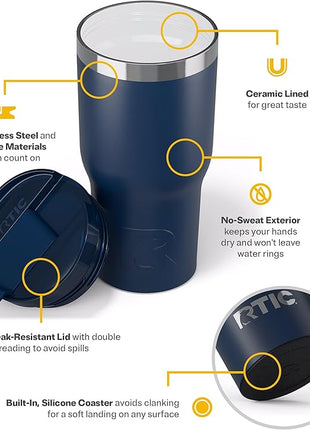 RTIC 20oz Essential Tumbler with Lid, Ceramic Lined, Insulated, Stainless Steel, Metal, Double Wall Vacuum-Insulation, Travel Cup for Iced Coffee, Tea, Hot and Cold Drink, Navy