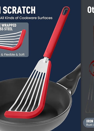 Silicone Fish Spatula Turner Set of 2,2-in-1 Heat Resistant Silicone Slotted Fish Spatulas for Nonstick Cookware,Flexible Thin Stainless Steel Slotted Fish Turner Spatula Flipper for Fish,Egg,Pancake