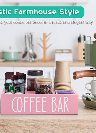 ALELION ALEION Coffee Station Organizer - Wood Countertop Accessories Organizer with Removable Dividers for Pods Condiment Syrup Tea Cups Stirrers - Pink Decor for Kitchen Coffee Bar