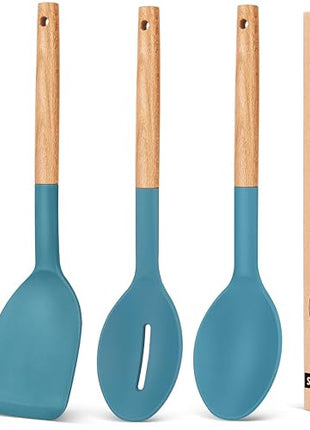 Pack of 4 Silicone Cooking Utensils Set, Non Stick Solid Spatulas and Heat Resistant Slotted Spoons with Wooden Handle, Ideal Wood Kitchen Utensils Set for Frying,Serving,Turning,Stirring (BLUE)