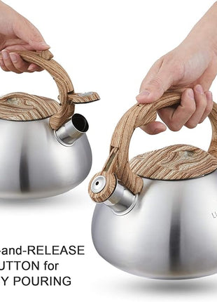 s-p Stovetop Tea Kettle- Whistling Teapot Stainless Steel Tea kettle for Stove Top Loud Whistle Tea Pot With Wood Pattern Handle Tea kettles Water Kettle(Silver Body and Black Handle