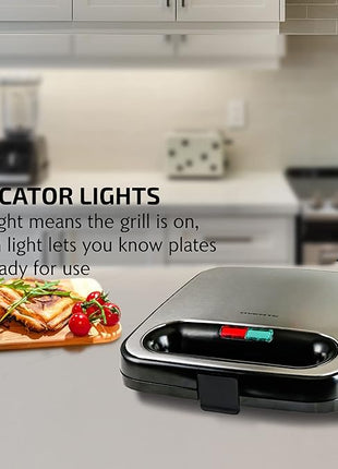 OVENTE Electric Sandwich Maker with Non-Stick Plates, Indicator Lights, Cool Touch Handle, Easy to Clean and Store, Perfect for Cooking Breakfast, Grilled Cheese, Tuna Melts and Snacks, Black GPS401B