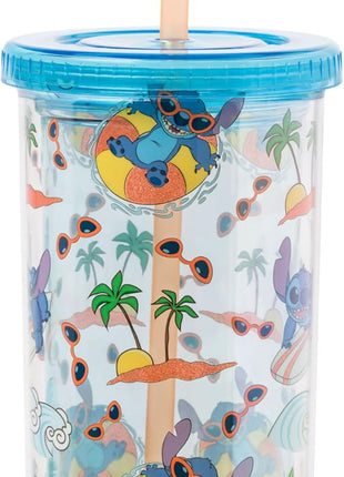 Silver Buffalo Disney Lilo and Stitch Beach Island Stitch in Floatie Swim Ring Plastic Glitter Cold Cup with Lid and Straw, 20 Ounces (Pack of 12)