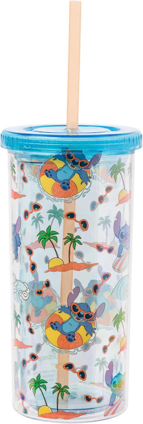 Silver Buffalo Disney Lilo and Stitch Beach Island Stitch in Floatie Swim Ring Plastic Glitter Cold Cup with Lid and Straw, 20 Ounces