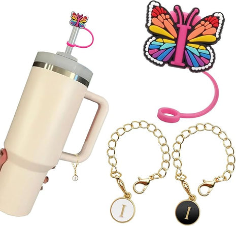 Butterfly Straw Cover for Stanley Cup 30&40 Oz 10mm Straw Topper with 2PCS Letter Charms (Letter I)