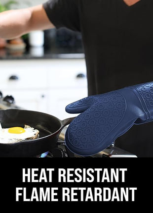 BPA-Free Soft Silicone Oven Mitts - Ultra Heat Resistant Oven Mitts with Thick Cotton Liner - Extra Long Slip Resistant Pot Holders, Flexible Oven Gloves - Navy 14.7"