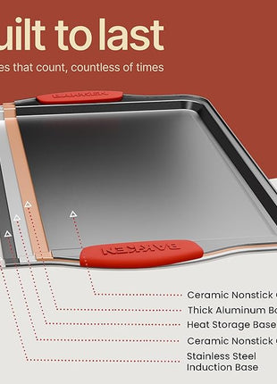BAKKEN Cookie Sheets for Baking Nonstick Set - 3-Piece Stackable Carbon Steel Baking Sheet Pans Set with Silicone Handles, Non Toxic Cookie Sheets for Baking Bakeware Set - Gray Marble