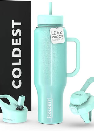 Coldest Tumbler with Handle and Straw, 100% Spill Proof Tumbler with Straw (3 Lids), Stainless Steel Insulated Leakproof Tumblers for Women Men, Cup Holder Friendly, 46 oz (Astronaut Green Glitter)