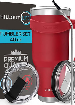 CHILLOUT LIFE Stainless Steel Travel Mug with Handle 40 oz – 6 Piece Set. Tumbler with Handle, Straw, Cleaning Brush & 2 Lids. Double Wall Insulated Large Coffee Mug Bundle - Cherry Red