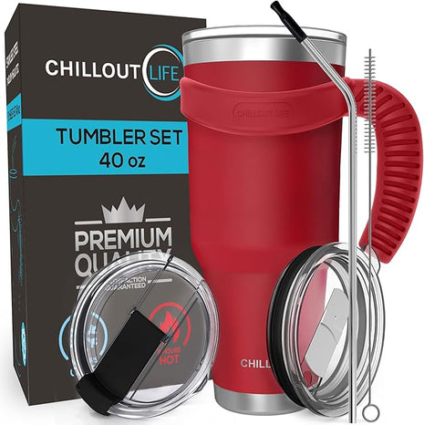 CHILLOUT LIFE Stainless Steel Travel Mug with Handle 40 oz – 6 Piece Set. Tumbler with Handle, Straw, Cleaning Brush & 2 Lids. Double Wall Insulated Large Coffee Mug Bundle - Cherry Red