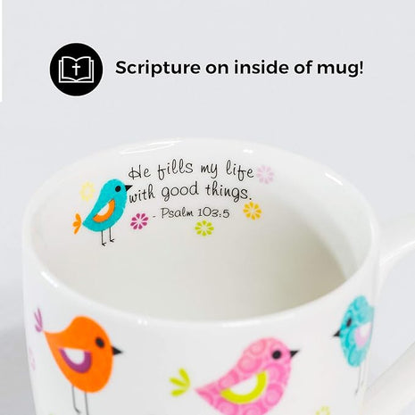 Divinity Boutique Inspirational Ceramic Mug with Birds-Psalm 103:5, He Fills My Life With Good Things, Multicolor, One Size, 12 ounces
