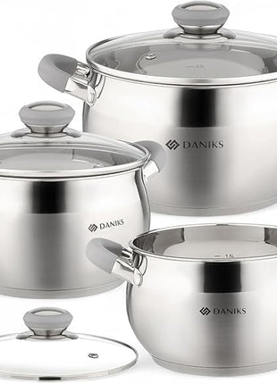 Daniks Modern 6-Piece Stainless Steel Induction Cookware Set – Dishwasher Safe Pots with Heatproof Handles, Glass Lids, Silver