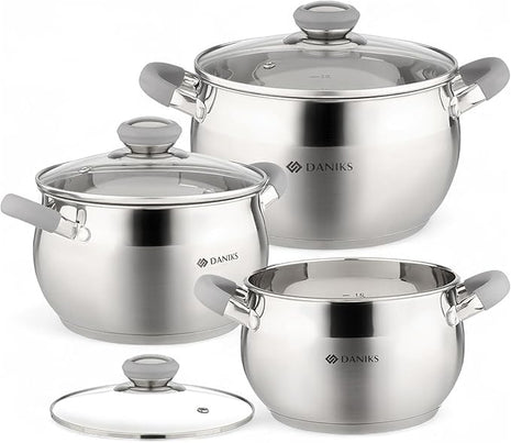Daniks Modern 6-Piece Stainless Steel Induction Cookware Set – Dishwasher Safe Pots with Heatproof Handles, Glass Lids, Silver