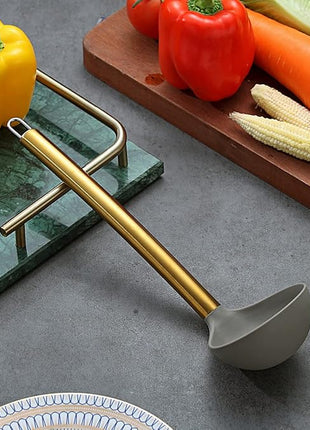 Gold Ladle, Berglander Non-stick Silicone Kitchen Ladle With Titainium Gold Plating handle, Soup Ladle, Cooking Ladle Soup Spoon For Cooking, Dishwasher Safe, Easy to Clean