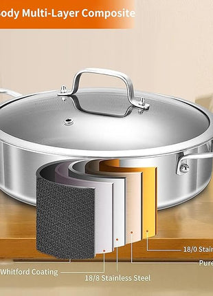 DELARLO Tri-Ply Stainless Steel 7QT Saute Pan 12 Inch Deep Frying Pan with lid Nonstick, Induction Compatible Chef Cooking Pan