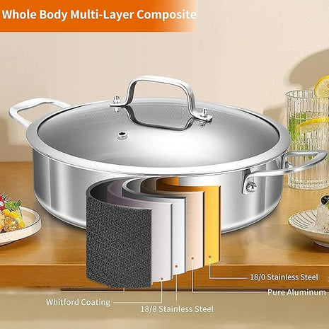 DELARLO Saute Pan 8QT, Frying Pan Nonstick with Lid, Tri-ply Stainless Steel Skillet, Large Braiser Induction, Everyday Pans, Heavy Duty Style, Compatible with All Cooktops Up to 660℉