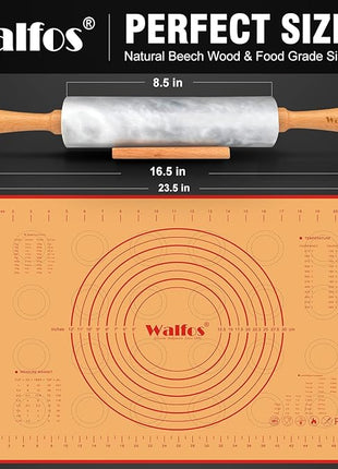 Walfos Marble Rolling Pin Set With Non Stick Silicone Pastry Mat, 16.5 Inch Dough Rolling Pins For Making Pizza, Tortillas And Cookies, Backing Rolling Pin For Pie Crust, Pizza, Pasta (Gray & White)