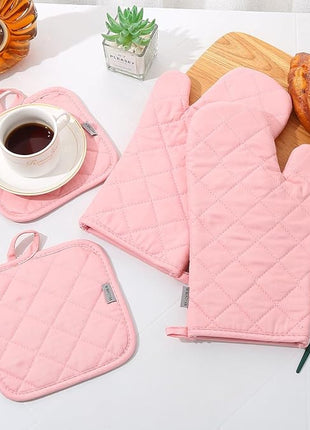Oven Mitts and Pot Holders 4 pcs Set,High Heat Resistant 500 Degree Extra Thicken Long Kitchen Cotton Oven Glove for Cooking (12 Inch,Pink)…