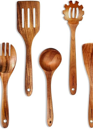 Wooden Spoons for Cooking, 7 Pcs Wooden Utensils for Cooking Natural Teak Wooden Kitchen Utensils Set