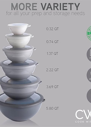 COOK WITH COLOR Mixing Bowls Set with TPR Lids - 12 Piece Plastic Nesting Bowls Set includes 6 Prep Bowls and 6 Lids, Microwave Safe (Grey)