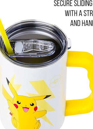 Silver Buffalo Pokémon Stainless Steel Tumbler with Handle Featuring Pikachu, Fits in Standard Cup Holder, 40 Ounces
