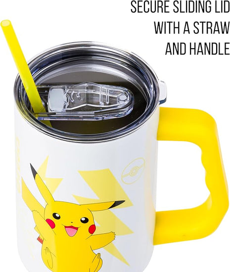 Silver Buffalo Pokémon Stainless Steel Tumbler with Handle Featuring Pikachu, Fits in Standard Cup Holder, 40 Ounces