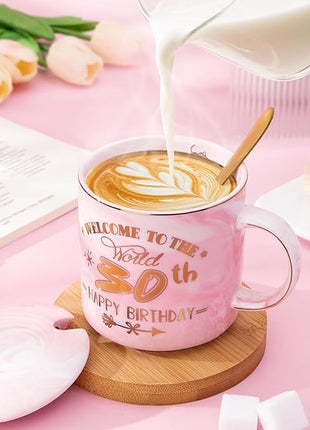 30th Birthday Gifts for Women, Unique Happy 30 Year Old Birthday Gifts Ideas for Women, Wife, Mom, Daughter, Sister, Aunt, Best Friends, BFF, 14Oz Fabulous Pink Marble Mug with Gold Pattern, Gift Box