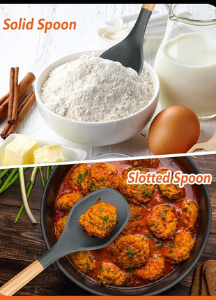 Large Silicone Cooking Spoons, 2 Pack Nonstick Solid and Slotted Wooden handle Spoon Set, Heat Resistan Silicone Kitchen Spoons for Cooking, Serving, Basting, Mixing (Grey)