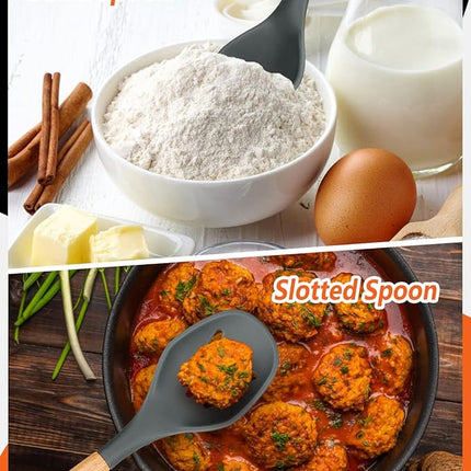 Large Silicone Cooking Spoons, 2 Pack Nonstick Solid and Slotted Wooden handle Spoon Set, Heat Resistan Silicone Kitchen Spoons for Cooking, Serving, Basting, Mixing (Grey)