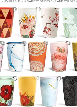 Tea Forte Double-Walled Ceramic Kati Cup, Removable Stainless Steel Infuser Basket and Lid, Steeps 12 oz Loose Leaf Tea, Dishwasher & Microwave Safe, Cherry Blossom
