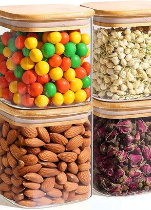 ComSaf 0.7 Qt Glass Food Storage Jars Set of 4, Clear Glass Storage Containers with Lids, Pantry Organization Jar, Spice Jar, Blooming Tea, Coffee and Sugar Container, Small Canister Set for Kitchen