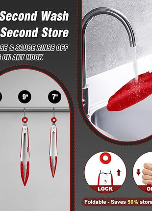 Walfos Kitchen Tongs - 7" 9" and 12" Heat Resistant Cooking Tongs, Stainless Steel and BPA Free Silicone Tips, Great for Cooking, Salad, Grilling, Turning, Dishwasher safe,set of 3