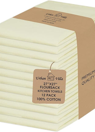 Urban Villa Flour Sack Light Yellow Kitchen Towels 100% Cotton Highly Absorbent Dish Towels for Bread Proofing Baking Drying Dinnerware Glass Embroidery DIY Projects Zero Lint 27x27 Inches (12 Pack)