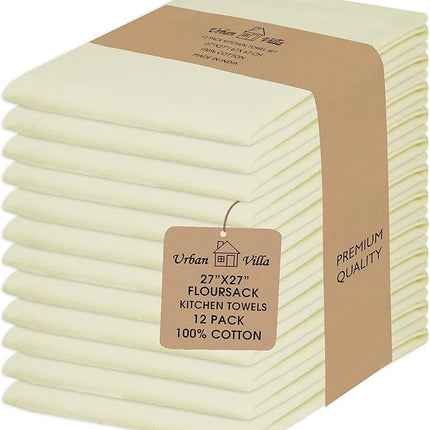 Urban Villa Flour Sack Light Yellow Kitchen Towels 100% Cotton Highly Absorbent Dish Towels for Bread Proofing Baking Drying Dinnerware Glass Embroidery DIY Projects Zero Lint 27x27 Inches (12 Pack)