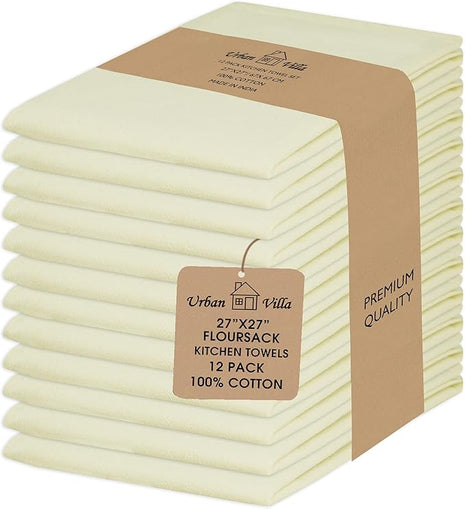 Urban Villa Flour Sack Light Yellow Kitchen Towels 100% Cotton Highly Absorbent Dish Towels for Bread Proofing Baking Drying Dinnerware Glass Embroidery DIY Projects Zero Lint 27x27 Inches (12 Pack)